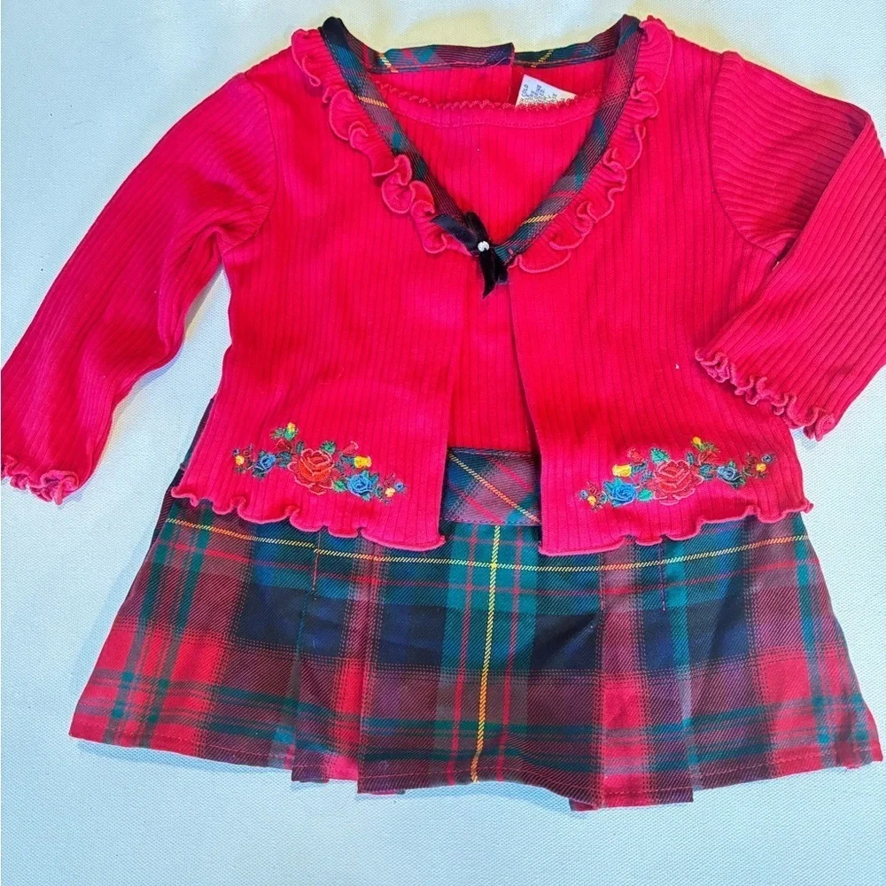 Youngland Girls 6-9M Dress Red Velvet Plaid Pleated Skirt